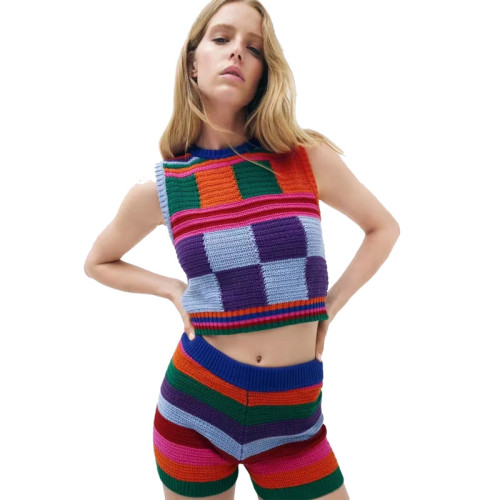 Factory Customized OEM Rainbow Striped Shorts Two Piece Set Women's clothing summer Beach Knitted Cotton Vest Suit women