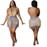 Sexy bling rhinestone night club two piece set with halter women short jumpsuit and tassel mini skirts
