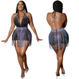 Sexy bling rhinestone night club two piece set with halter women short jumpsuit and tassel mini skirts