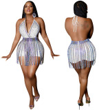 Sexy bling rhinestone night club two piece set with halter women short jumpsuit and tassel mini skirts