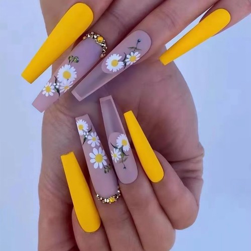 24pcs Extra Long Coffin False Nails yellow Flower designs Rhinestone Ballerina Fake Nails Full Cover Nail Tips Press On Nails