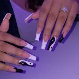 24pcs Press on Nails Punk Black White Patchwork Fire Pattern Long Coffin False Nails Ballerina Fake Nail Art Manicure Full Tips