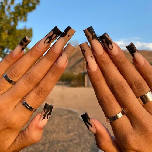 24Pcs Detachable Long Ballerina French False Nails With Design Leopard Wearable Fake Nails Wavy Line Flame Full Cover Nail Tips