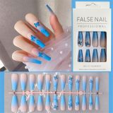 24pcs Matte Fake Nails Extra Long Ballerina Coffin Dark Blue Colorful Rhinestone Decals False Nails with designs Nail Art