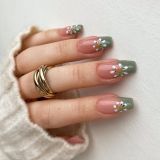 24pcs/Set French False Nails Pretty White Flower Pattern Gold Glitter Ballerina Nail Art Tips with Design Sticker Press on Nails