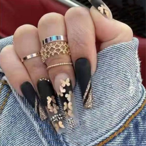 Golden Butterfly Pattern False Nails With Diamond Full cover Fake Nails Glue Manicure Nail Art Tools Long Coffin Ballerina Nails