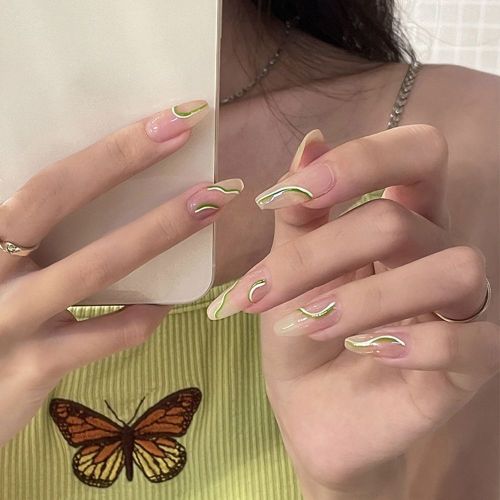 Wearable Square Head Fake Nails Detachable Summer green Butterfly pattern design False Nails Full Cover Nail Tips Press On Nails
