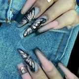 Golden Butterfly Pattern False Nails With Diamond Full cover Fake Nails Glue Manicure Nail Art Tools Long Coffin Ballerina Nails