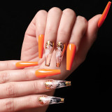 24pcs Long Coffin False Nails Wearable Ballerina Fake Nails Orange gradient gold foil nails Full Cover Nail Tips Press On Nails