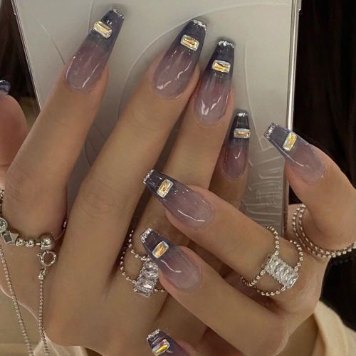 24pcs Detachable Jelly Gradient with design False Nails Wearable Ballerina Coffin Fake Nails Full Cover Nail Tips Press On Nails