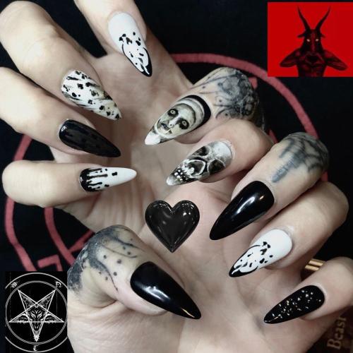 24pc/Box press on nails halloween Dark black Punk Ghost head tip nail pre design acrylic nail tip Full Cover Fake Nail