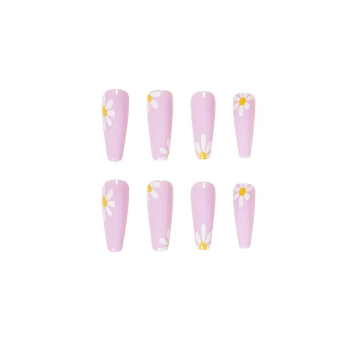 Acrylic Nail Tips Small Daisies Pattern Nail Patch Glue Long Ballerina False Nails Full Cover Coffin Fake Nails Press On Nails