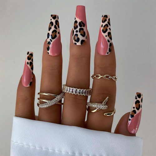 Pink Leopard Wave Designs False Nails French Long Coffin Fake Nail Fashion Artificial Full Cover Nail Art Tips Press on Nail