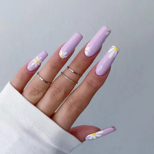 Acrylic Nail Tips Small Daisies Pattern Nail Patch Glue Long Ballerina False Nails Full Cover Coffin Fake Nails Press On Nails