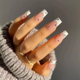 Long Ballet V-Shape White French False Nails With Rhinestone Design Nail Art Wearable Gold Foil Fake Nail Press On Nail Tips