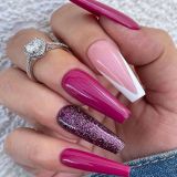 24Pcs Press On Nails Purple Wave Line French Glossy Glitter Fake Nails Long Coffin Ballet False Finger Wear Nail Art Tips