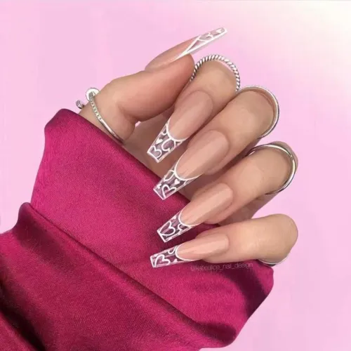 24Pcs/Box Heart Long Coffin False Nails Designs Ballerina White Love Pattern Fake Nails Full Cover Nail Tips Press on Nails
