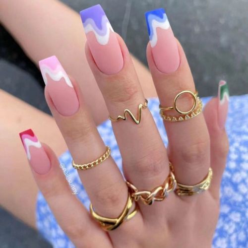 Fake nails with rainbow wave design Detachable Ballerina False Nails Wear Long Coffin Nails Full Cover Nail Tips Press On Nails