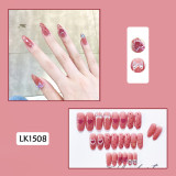 24pcs/Set Long Coffin Fake Nails Cute Wine Red Heart Bowknot Decal Wedding Bride Ballerina Nail Art Tips with Glue Faux Ongles