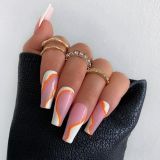 European Long Coffin Fake Nails Simple Nude Pink Wave Pattern Fingernail Makeup Full Acrylic Ballerina Nail Art Tips 24pcs/Box