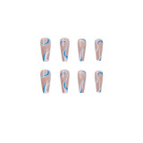 24pcs blue white Wavy lines Detachable Long Ballerina False Nails With Design Wearable Fake Nails Full Cover Nail Tips