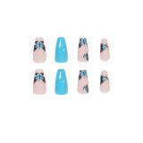 Blue Black Butterfly Pattern Fake Nails Glossy Matte Long Coffin Ballerina False Nails With Press Glue Artificial Manicure Tool