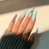 24Pc Extra Long Coffin False Nails Blue And White Porcelain With diamond glitter French Ballerina Fake Nails Full Cover Nail Tip