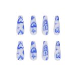 24pcs/Set Press On Nails Extra Long Blue Ink Heart Pattern Coffin Fake Nails Removable Ballerina Nail Accessory Art Full Tips