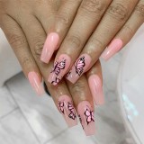 24pcs/Set Coffin Fake Nails Middle Long Detachable Pink Butterfly Pattern Ballerina Nail Decal Art Full Tips DIY Press On Nail