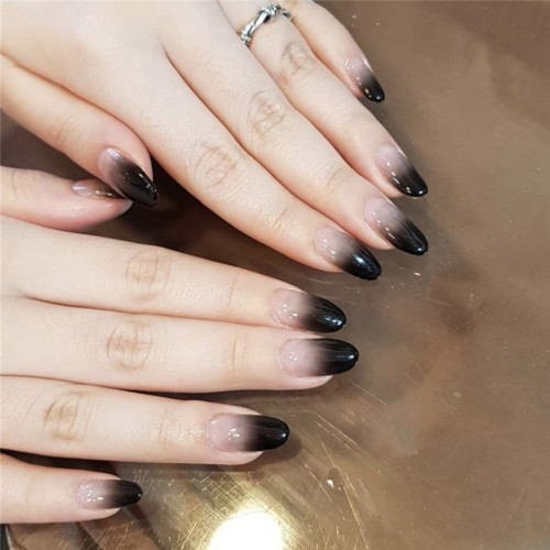 24pcs/Set Middle Long Black Gradient False Nails Pre-design Round Head Nail Art Decoration Fake Beauty Nail Tools Detachable