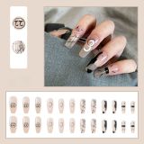 24pcs Press On Nails Nude Pink False Nails Long White Gold Line Decals Coffin Fake Nails Removable Ballerina Faux Nail Art Tips