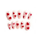 24Pcs Artificial Fake Nails Middle Length Rhinestone Ballerina Pink Color False Nails Design With Heart Pattern DIY Manicure