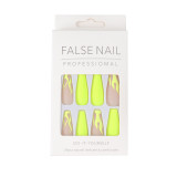 24pcs Press On Nails False Nails with Yellow Fire Pattern Long Coffin Shaped Fake Nails Removable Ballerina Nail DIY Art Tips