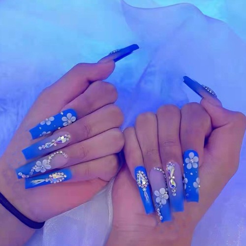 24Pcs Detachable Super Long Coffin False Nails Blue Diamonds Flowers Ballerina Wearable Fake Nail with glue Full Cover Nail Tips