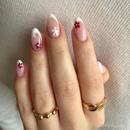 Artificial False Nails Red and white Flower french white edge fake nails Decorated Almond Nail Wearable Girl Manicure Decal Art
