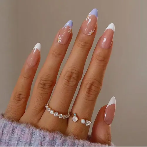 Simple French Wear Almond False Nails Red Edge Small Flower Design Manicure Fake Nails Detachable Full Cover Press On Nails 24pc