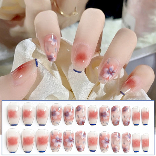 24PCS Press on Nails with Cherry Blossoms Prnited Fake Nail Ins Summer Girl Nail Art Mid Length Coffin False Nail Manicure Tool