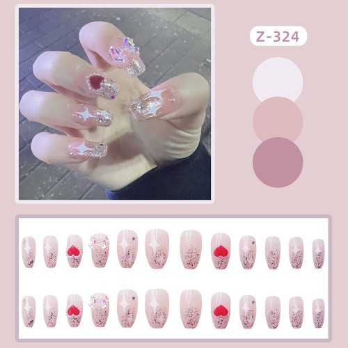 24PCS Press on Nails with Shiny Stars & 3D Bow Design Full Cover Full Finished For Girl Lady Nail Art Tips False Nail Patch