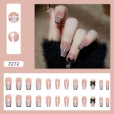 24PCS Shiny diamond Design Fake Nails Glitter Press on Nails Black Bow Design Fake Nail Full Cover False Artificial Nails Tips