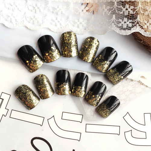 24pcs/boxed Beauty press on nails with Glue Short Size  with Gold Big Sequins False Nail Ladies  Black Color Party acrylic nails