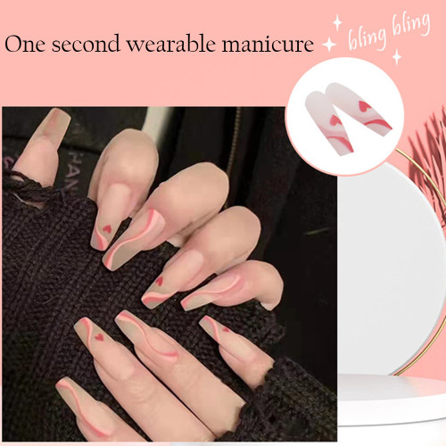 24PCS Press on Nail with Pink Lines Design Full Cover Long Coffin Ballet Women Removable Fake Nails Full Finished Stick on Nails