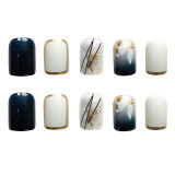 24pcs Fake Nails With Glue Blue Gold Foil Wear Short Paragraph Fashion Manicure Patch False Nails Press On Nails Designs DL