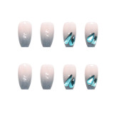 Gradient Blue False Nails French Long Press On Nails with Shiny Diamond Decor Fake Nails for Lady Bride Manicure Salon DIY Art