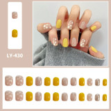 24PCS Short Style Press on Nails with Yellow Design Fake Nail Full Cover Summer Nail Salon DIY Art for Girl Stick On Finger Nail