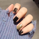 24pcs/boxed Beauty press on nails with Glue Short Size  with Gold Big Sequins False Nail Ladies  Black Color Party acrylic nails