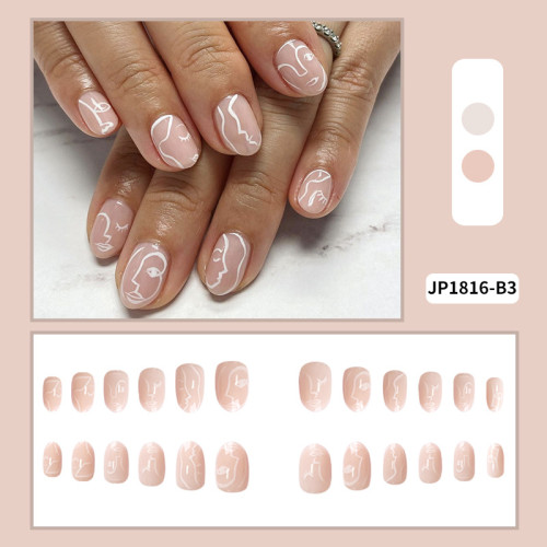 24pcs Human Face Printed Nail Patch Round Head Pink Color Wearable Short Paragraph Manicure False Nail Patch Press On Nails