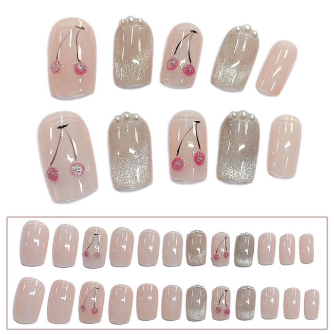 24PCS Shiny Pearl Cherry Design Fake Nail Short Round Head Press on Nails Cat Eye Style Stick on Nail Full Finished Nail Patches