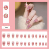 24Pcs Aurora Pink Diamond Design False Nail Super Shiny Fake Nail for Women and Girl Fake Patch  French Style Press on Nails