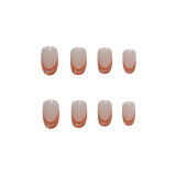 24pcs Fake nails with Orange Lines Printed Design Nail Patch Round Head Press on nail tips nude color False Nail Patch with glue