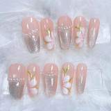 24PCS False Nails with White Flowers Design Press On Nail Cat Eye Style Fingernails Patch Summer Nail Art False Nail Patches